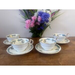 Aynsley England Bone China Teacup Saucer Set Blue Scroll Gold Trim Floral